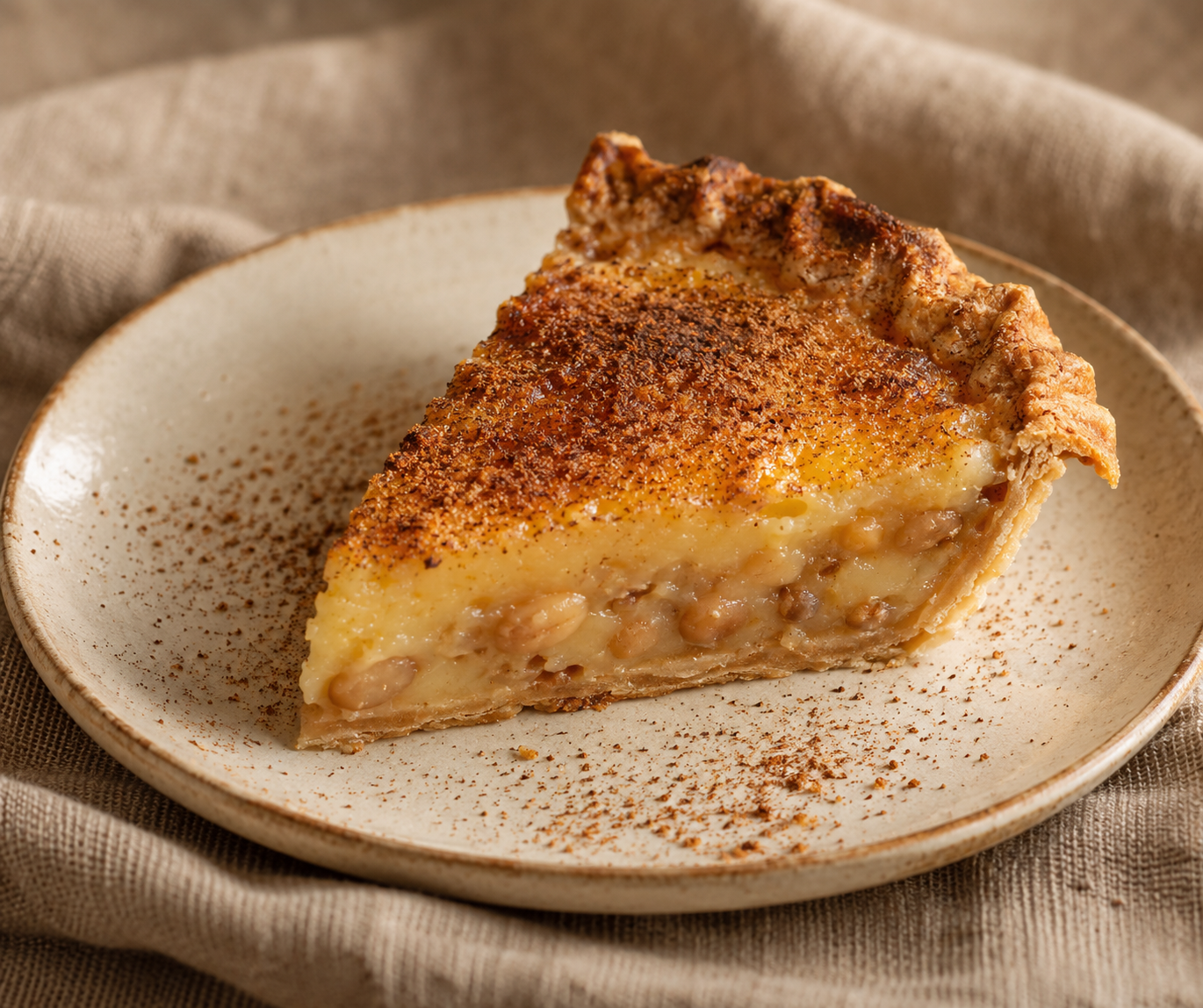 Illustrative photo: a slice of custard bean pie dusted with cinnamon on a cream plate