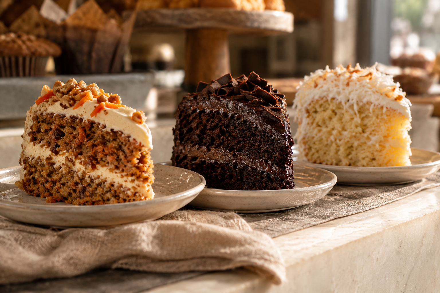 Illustrative photo: rows of cake slices on a bakery counter